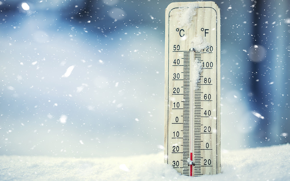 Thermometer in the snow showing minus 20 degrees Celsius.