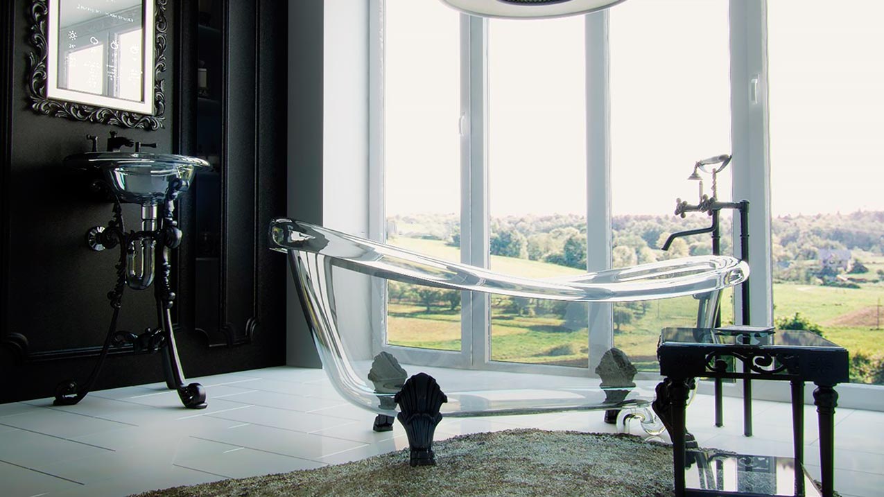 glass bathroom furnished with a see through bath and basin