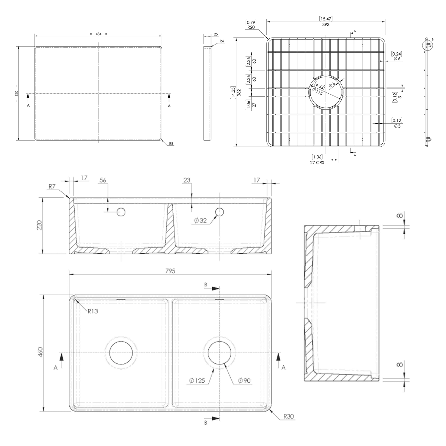 Butler & Rose Ceramic Fireclay Workstation Double Belfast Kitchen Sink & Accessories - 795 x 460mm