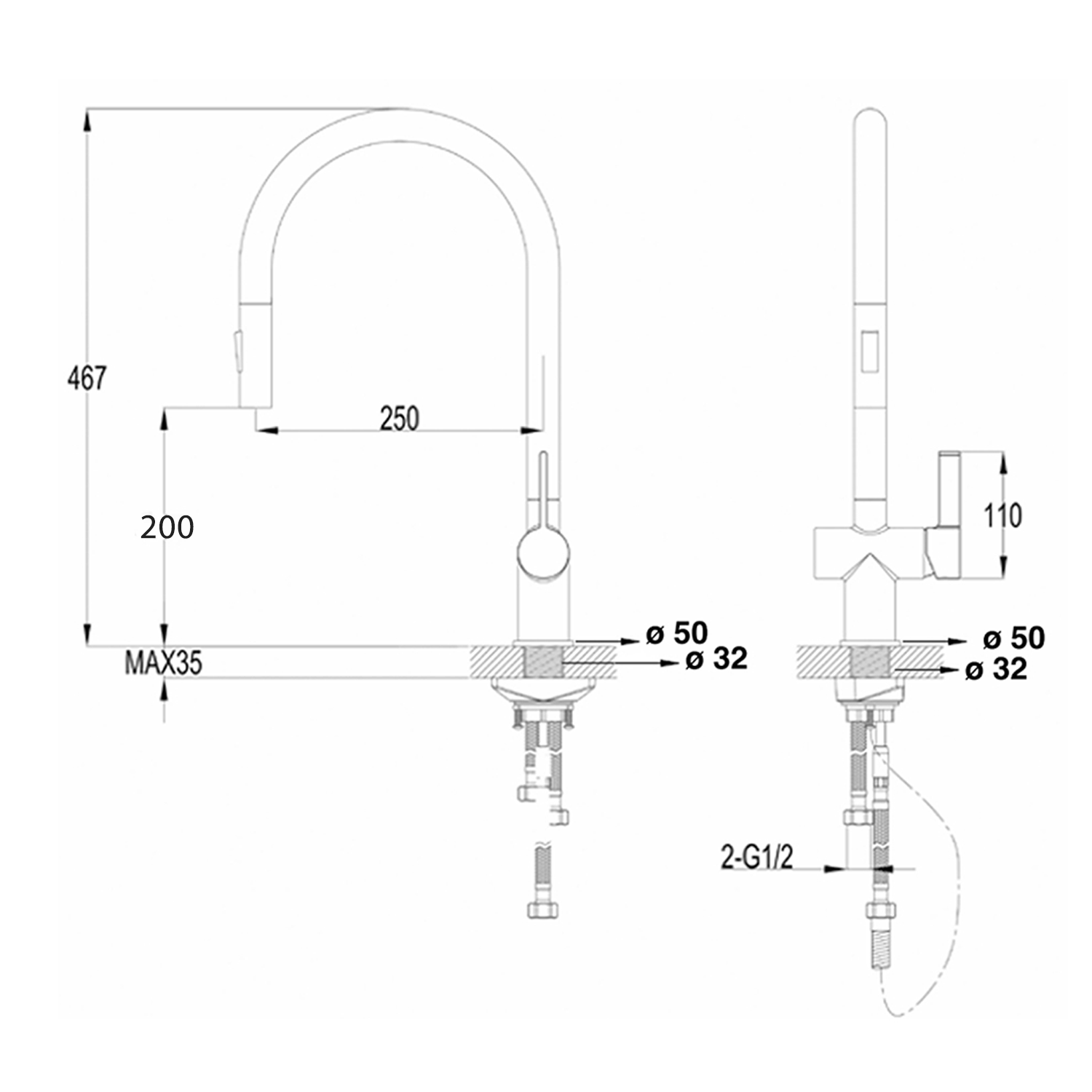 JTP VOS Pull Out Spray Single Lever Mono Kitchen Mixer - Brushed Brass