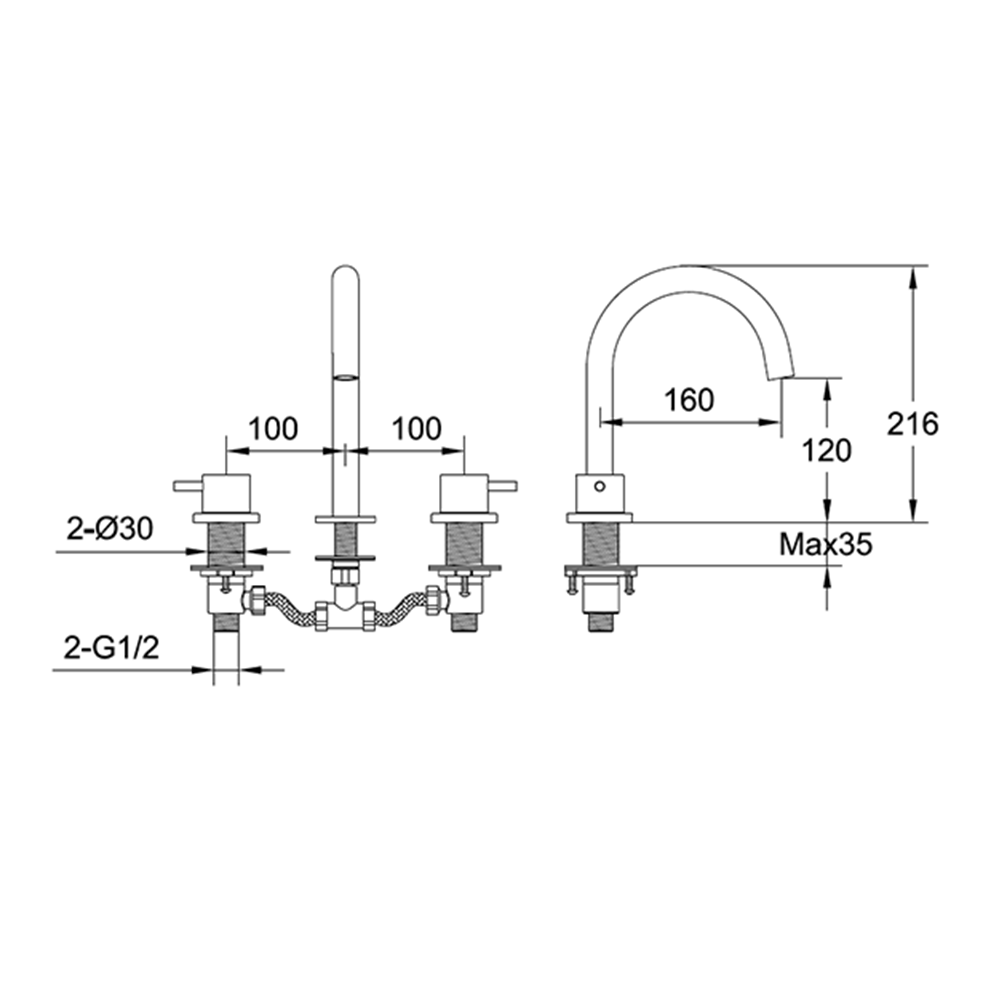 VOS 3 Hole Deck Mounted Basin Mixer - Brushed Black