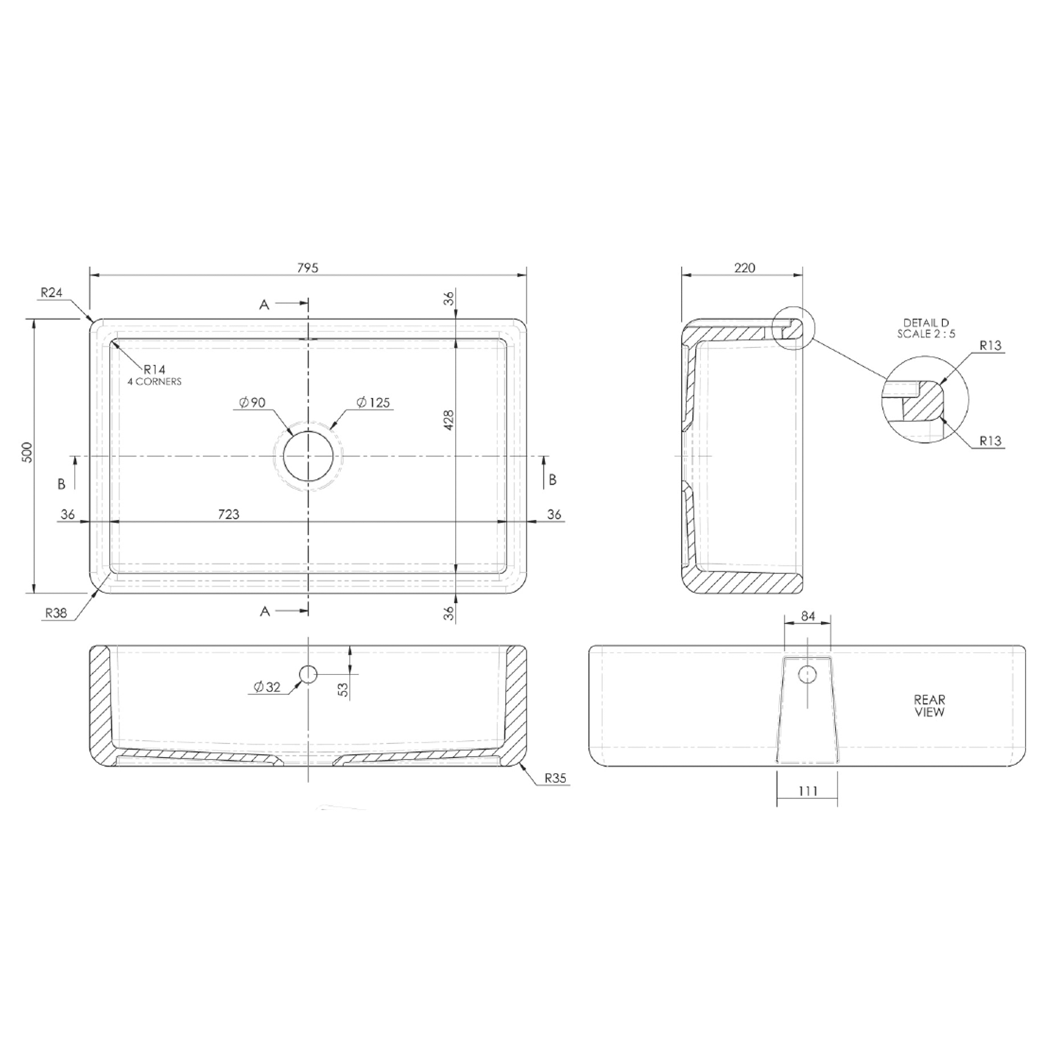 Butler & Rose Heavy Duty Large Belfast / Butler Ceramic Fireclay Kitchen Sink - 795 x 500mm