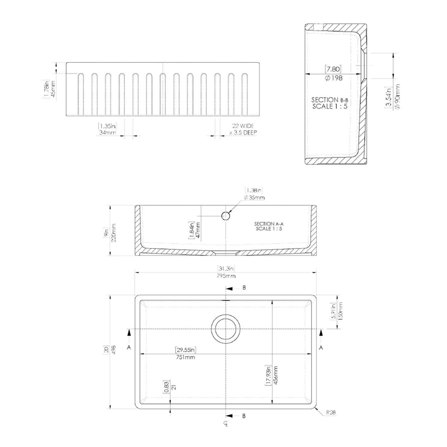 Butler & Rose Large Fluted Ceramic Fireclay Belfast / Butler Kitchen Sink - 795 x 500mm